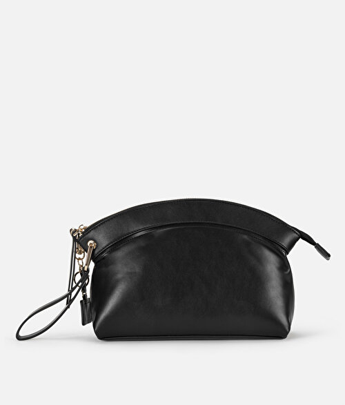 Deri görünümlü monogram tokalı clutch