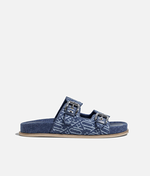 Monogram çift bantlı denim terlik