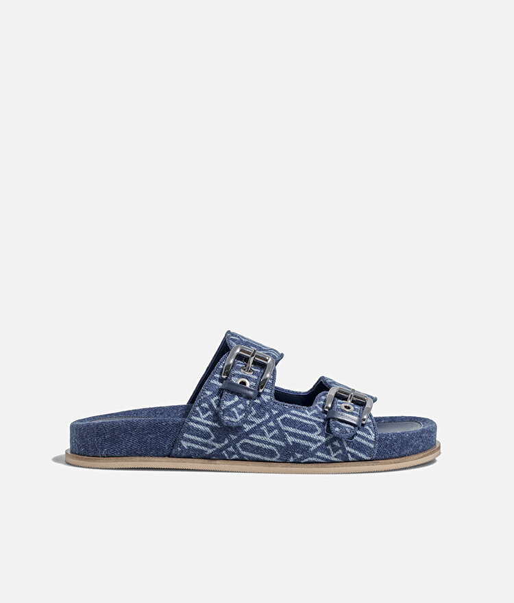 Monogram çift bantlı denim terlik