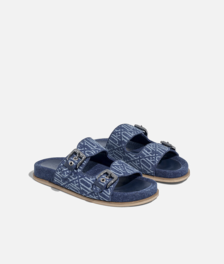 Monogram çift bantlı denim terlik