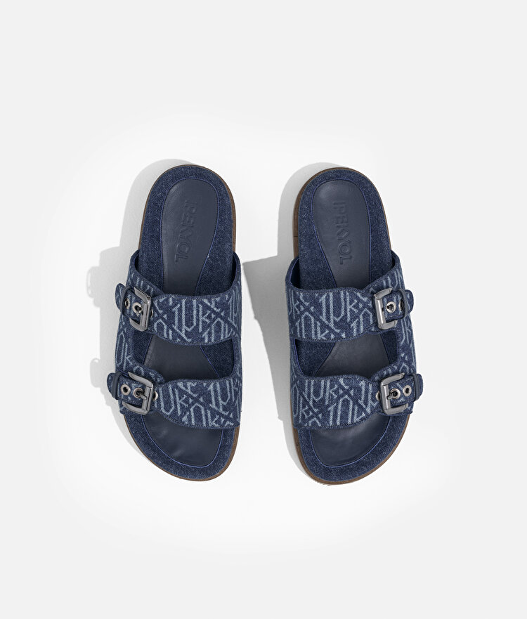 Monogram çift bantlı denim terlik